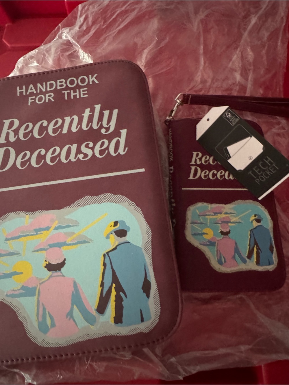 Bioworld Burgundy "Handbook for the Recently Deceased" Crossbody Bag and wallet